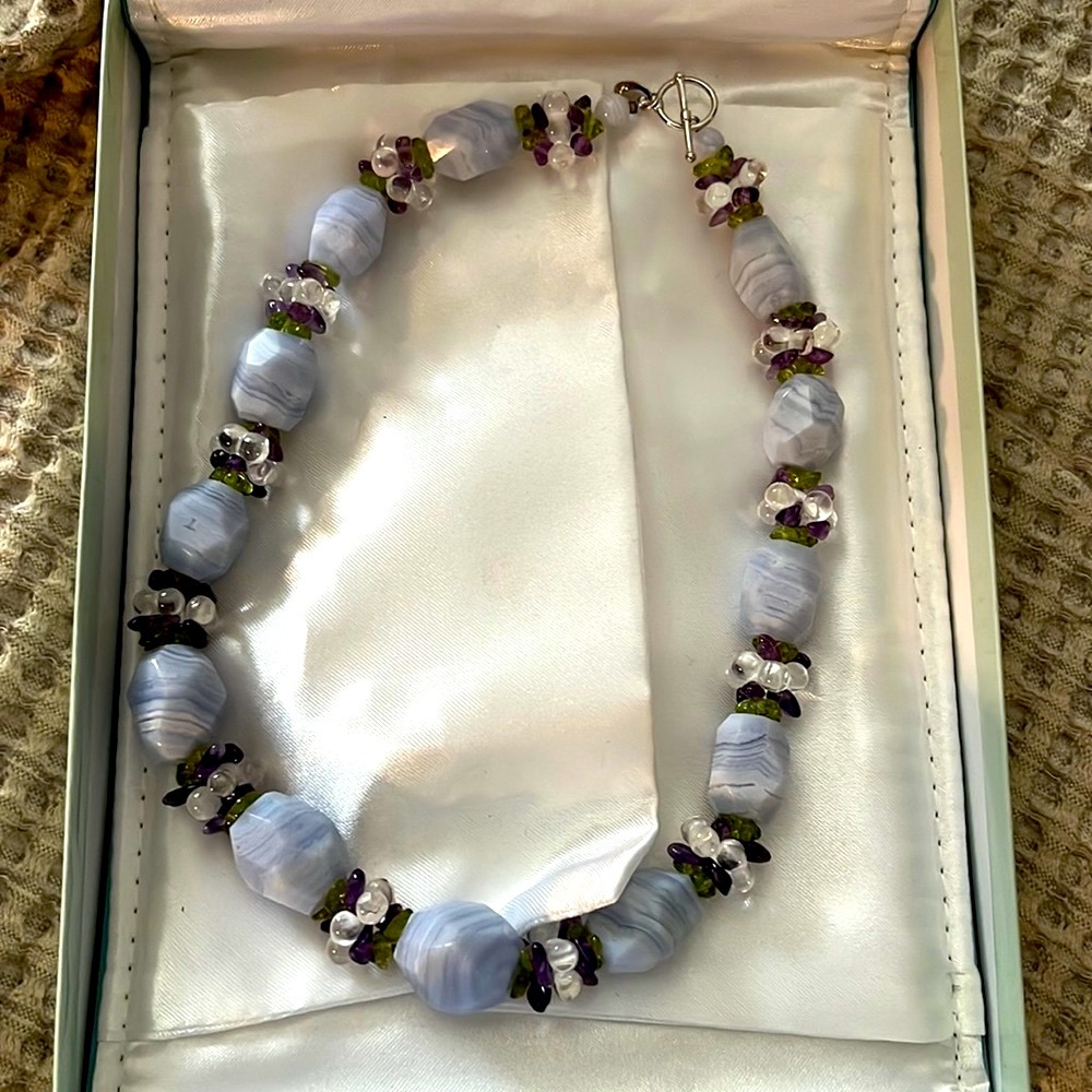 Vintage chalcedony, amethyst, peridot, & quartz necklace by Ross-Simons. 21.5”